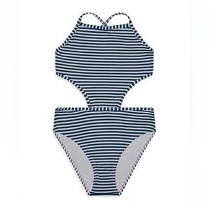 Splendid Girls' Striped Cutout One Piece Swimsuit - Navy and White